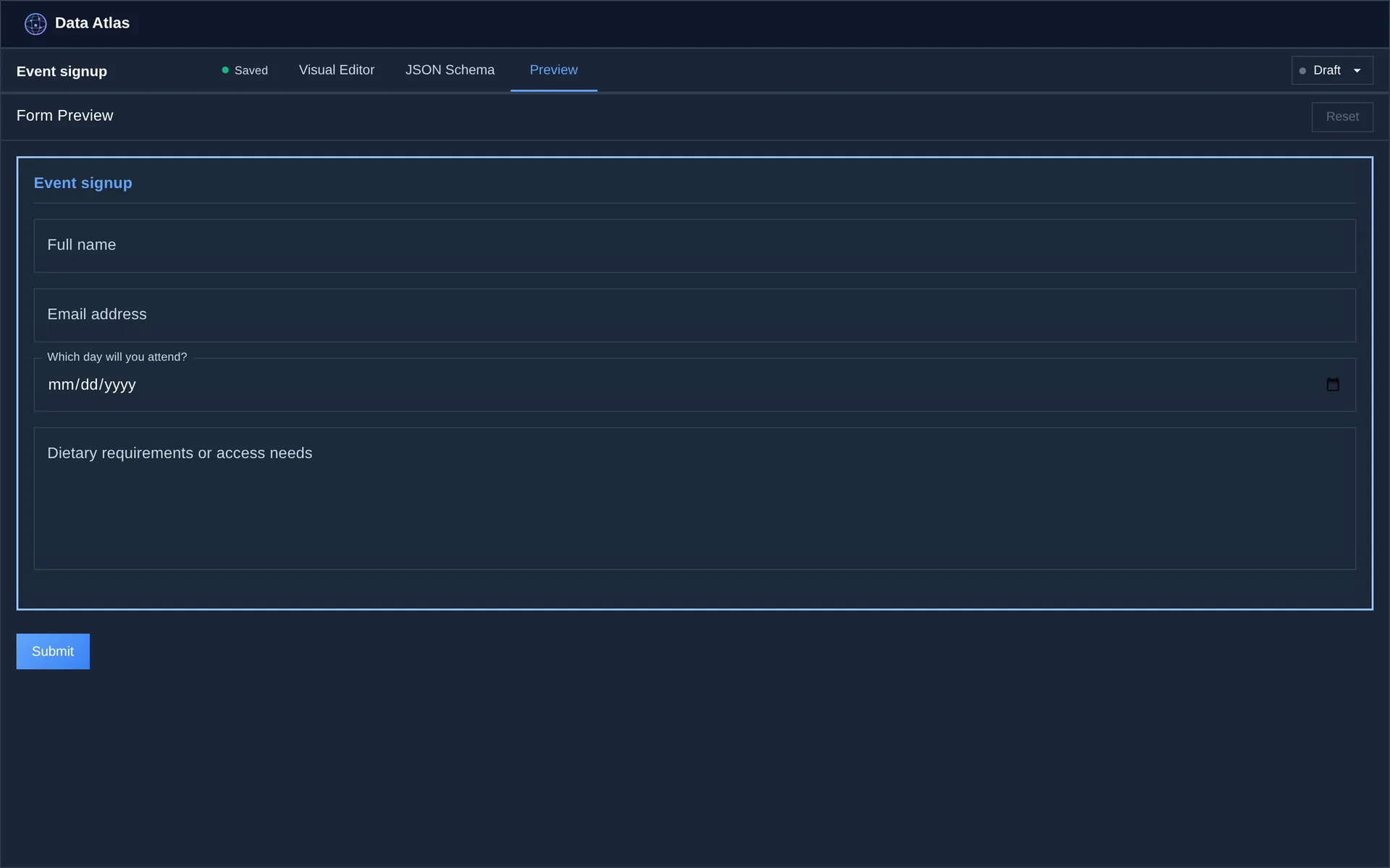 The same event signup form in the editor's preview: full name, email address, a date picker and a longer text box, above a submit button.